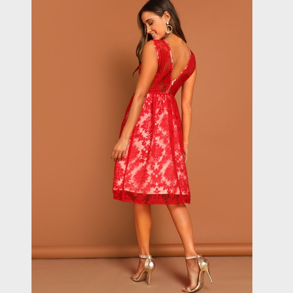 Red Mesh Floral Damask Fit & Flare Dress - Picture 4 of 8